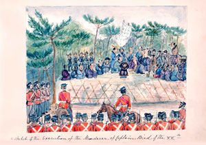 スミスが描いた処刑の場面のスケッチ　手前の一隊がイギリス第20連隊