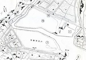 【図１】横浜村外六ヶ村之図〔部分〕太田久好著『横浜沿革史』（1892年刊） ○は「沼」、□は「田」、▲が常清寺。