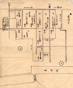 【図２】吉原遊廓地割図　五味亀太郎文庫「太田之草鞋Ⅲ」所収　○が「沼」、▲が常清寺。