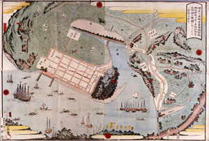 写真２　開港直後の横浜を描いた地図（横浜開港資料館蔵）中央の市街地が開港場。中居屋の店は本町4丁目にあった。
