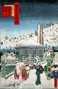 ガス事業を描いた浮世絵「横浜名勝競　伊勢山下瓦斯本局雪中の一覧」　国松画　明治13（1880）年