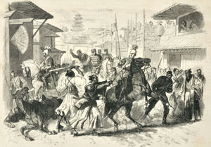 図３　襲撃されたパークス一行。フランス軍事顧問団のブリュネ画　『ル・モンド・イリュストレ』　1868年6月13日号