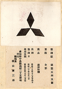 図１　織物業横山弥三郎の「三菱」商標　1887年３月３日登録　横浜開港資料館蔵