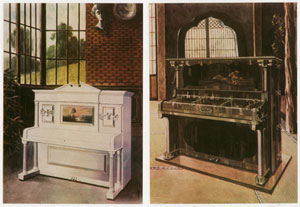 『西川ピアノThe Art of Piano Building』に掲載された、「コロニアル形」（左）と「日本古代形」（右）大正前期　宇都宮絹子氏所蔵