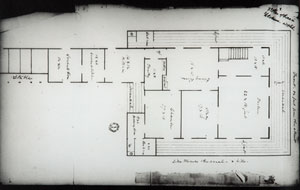 写真２　ヘボン邸設計図面　Records of U.S. Presbyterian Missionsより　ヘボンがミッション本部に書き送った設計図面、図面下が堀川側。