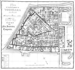 図１　山下居留地区分図　元図は「横浜外国人居留地火災保険地図」1895年　当館蔵
