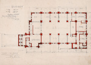 資料２　「YUKINO」の浮き彫りのある平面図　１階平面図　（設計図面1−１０①）　横浜海岸教会所蔵・当館保管