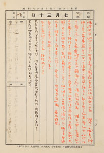 図３　7月30日の記述「天皇崩御」に関する感想が朱書きで記されている。