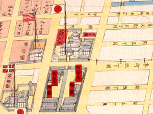 図４　英役館と裁判所付近（横浜明細之全図の部分）