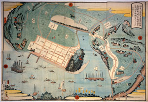 図版　安政６（1859）年　貞秀　神奈川港御貿易場御開地御役屋敷并町々寺院社地ニ至ル迄明細大絵図にあらわす　当館蔵