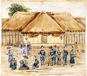 図４　横浜新道の見張番所　スミス画　外国人警護にあたる日本の役人や兵士に危機感が見られないとして、そのようすを風刺している。