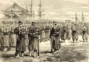 図２　横浜桟橋の風景　『イラストレイテッド・ロンドン・ニュース』1877年4月14日付　当館蔵