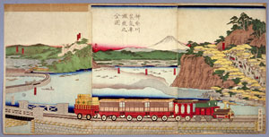図版２　神奈川蒸気車鉄道之全図　国輝　明治３年（1870）　当館所蔵