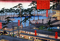 神奈川横浜二十八景之内 横浜弁天町鳥居前通り并弁天町一丁目四ツ辻を見込池を渡り本社に至り内浦を見渡ス之図なり